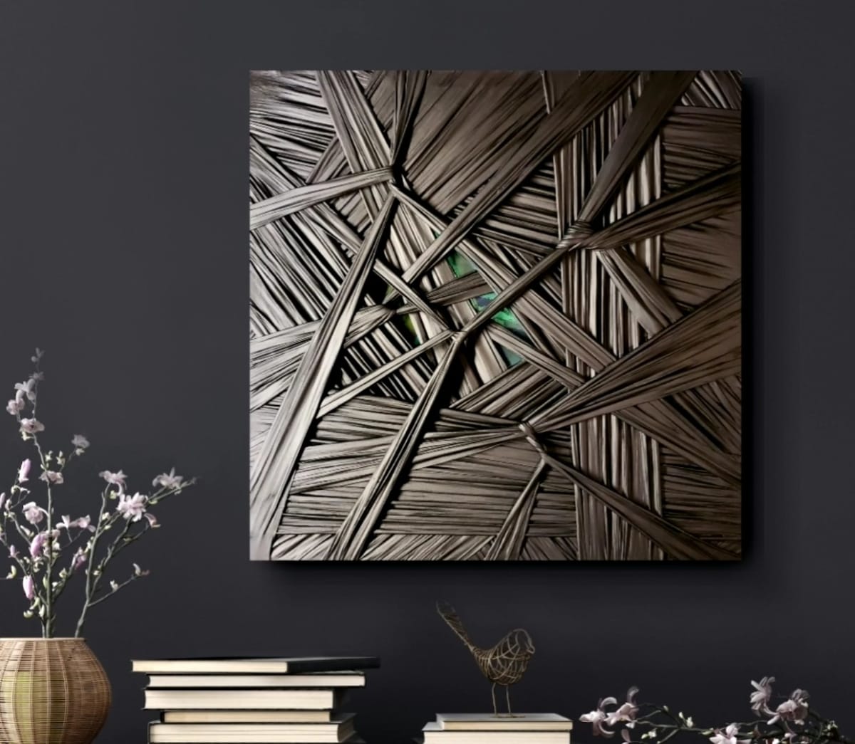 Tension by Juju Bartush, artbyjuju by Juju Bartush  Image: This painting is ultra matte black with a rich metalic green blue foil in the background 