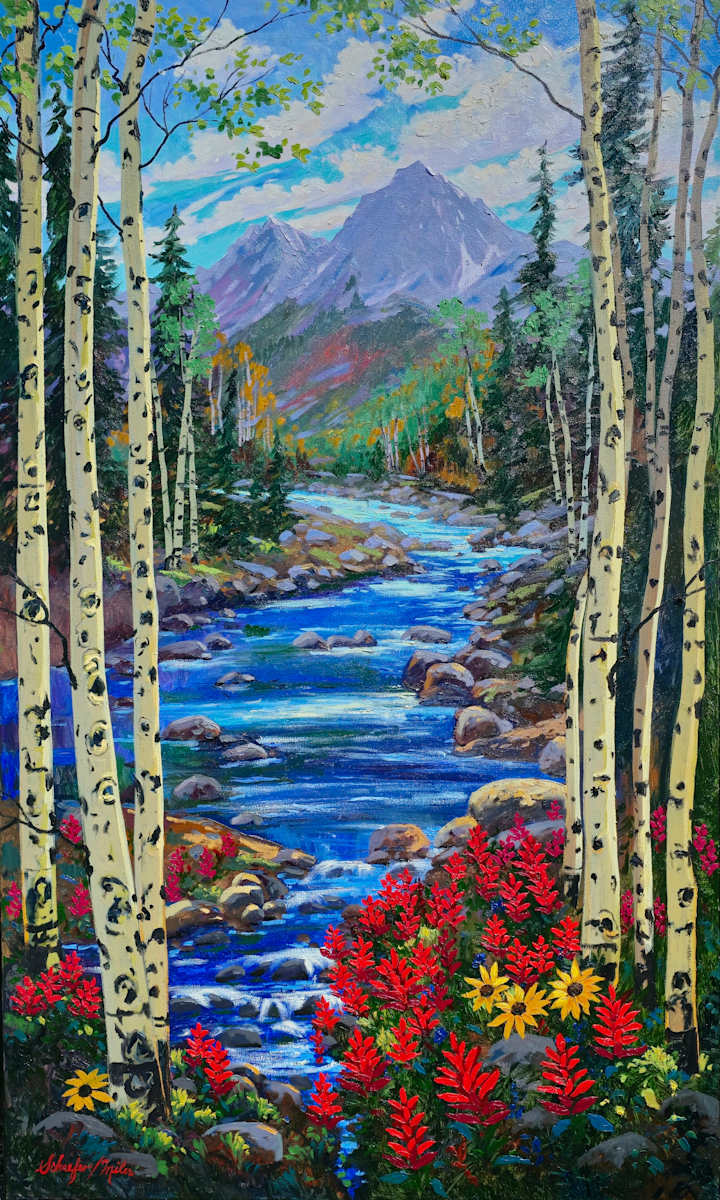 A Place of Legend by Schaefer/Miles Fine Art Inc. Kevin D. Miles & Wendy Sue Schaefer-Miles  Image: "A Place of Legend" Oil 60"x36" Indian Paint Brush and Black-eyed Susans along the San Miguel River in Telluride, Colorado. A beautiful vista of the mountain surrounded by pines and tall, graceful aspen trees.