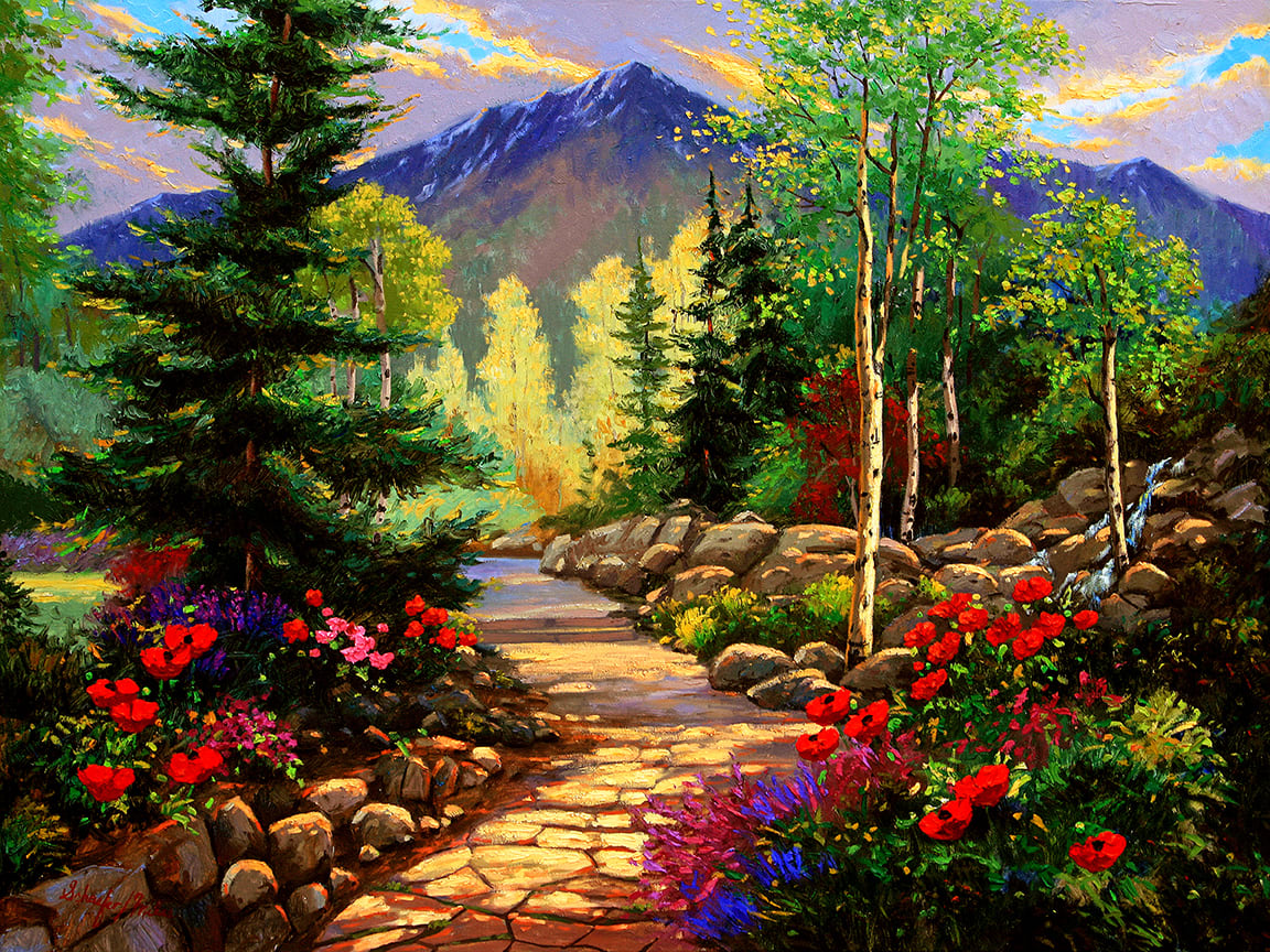 Alpine Mountain Garden by Schaefer/Miles Fine Art Inc. Kevin D. Miles & Wendy Sue Schaefer-Miles  Image: Alpine Mountain Garden-Original Oil- 30"x 40" Available as a Giclee on Fine Art paper and canvas :16x20 paper and canvas/ 18x24 canvas /30x40 canvas