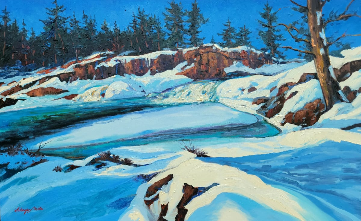 Big Falls Freeze by Schaefer/Miles Fine Art Inc. Kevin D. Miles & Wendy Sue Schaefer-Miles  Image: "Big Falls Freeze" Original oil on Canvas 30"x48" 
