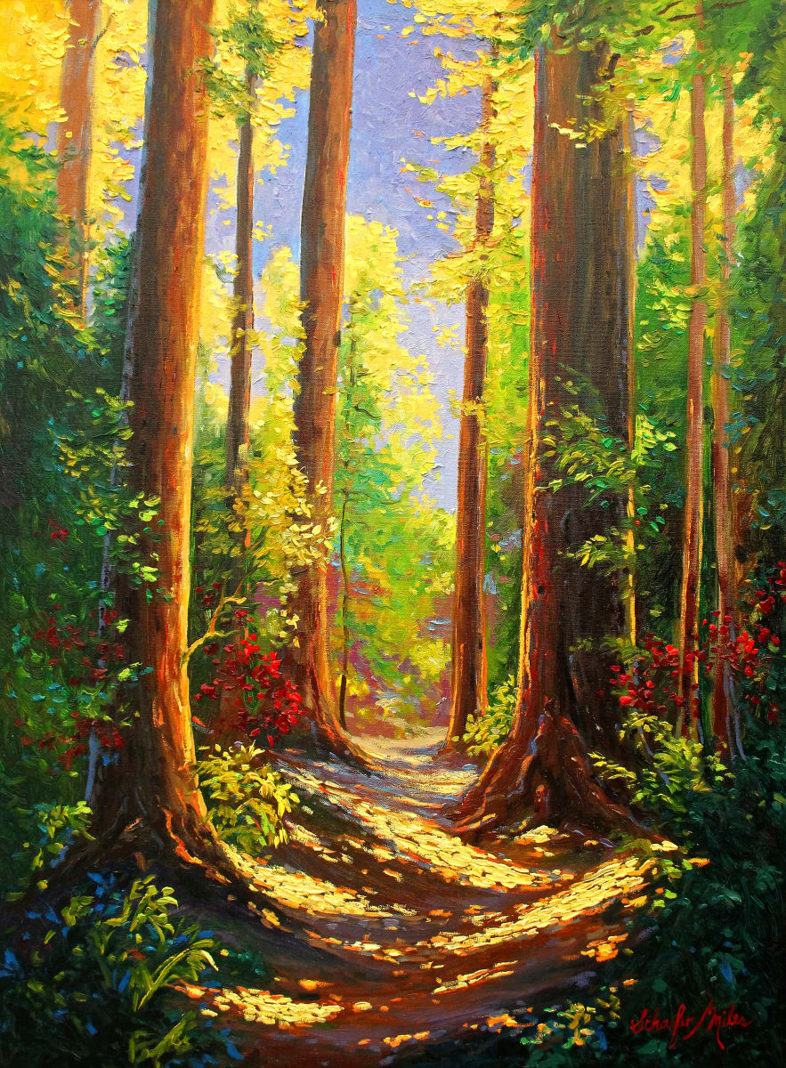 Forest Intrigue Original Oil Painting 40"x30" by Schaefer/Miles Fine Art Inc. Kevin D. Miles & Wendy Sue Schaefer-Miles  Image: Is the world stressing you out? 
Come with me to my happy place. 
Smell the fresh scent of pine and feel the sunshine on your shoulders. 
Life is peaceful here.” 
Kevin Schaefer Miles

The original is Available, please contact us with the title for the price. Text Kevin 608-385-4645