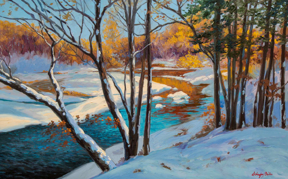 Golden Winter River Oil 30x48 by Schaefer/Miles Fine Art Inc. Kevin D. Miles & Wendy Sue Schaefer-Miles  Image: Golden Winter River Oil 30x48