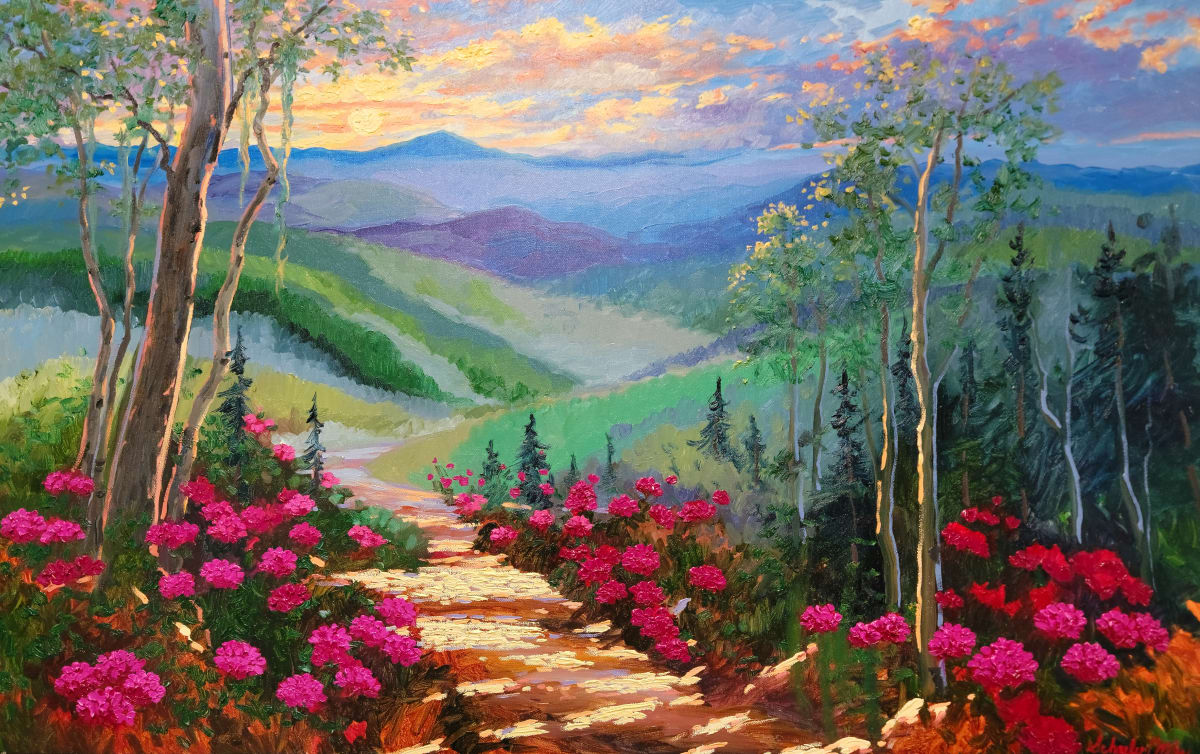 Mountain Blooms by Schaefer/Miles Fine Art Inc. Kevin D. Miles & Wendy Sue Schaefer-Miles  Image: "Mountain Blooms" Original Oil 30"x48"