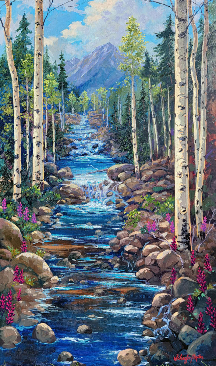 Pristine Mountain Cascade-Oil-60"x36" by Schaefer/Miles Fine Art Inc. Kevin D. Miles & Wendy Sue Schaefer-Miles  Image: Pristine Mountain Cascade -Oil-60"x36" 