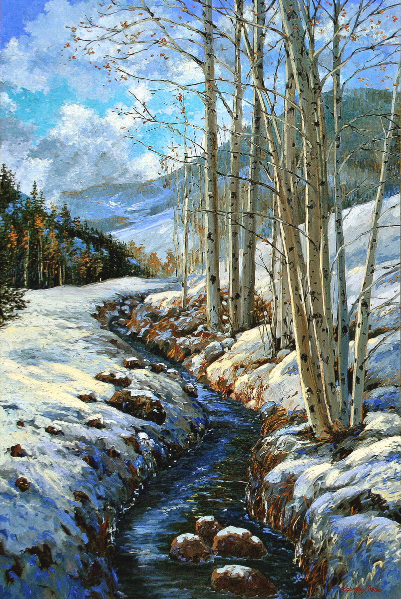 Aspen Stream Winter by Schaefer/Miles Fine Art Inc. Kevin D. Miles & Wendy Sue Schaefer-Miles  Image: Limited edition giclee on canvas, "Aspen Stream Winter," hand-embellished and signed by the artist, with only 95 pieces available. 