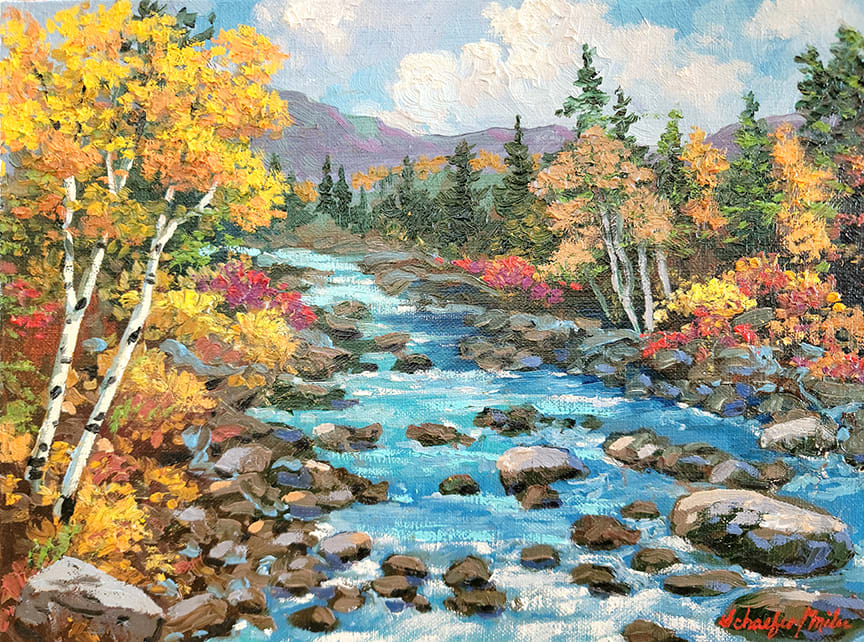 Clear Mountain Stream by Schaefer/Miles Fine Art Inc. Kevin D. Miles & Wendy Sue Schaefer-Miles  Image: "Clear Mountain Stream" Original Oil  9"x12"