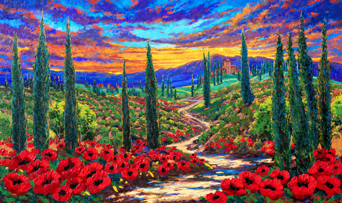 Sunset Glow over Tuscany by Schaefer/Miles Fine Art Inc. Kevin D. Miles & Wendy Sue Schaefer-Miles  Image: "Sunset Glow over Tuscany" Original Oil Painting 36" x 60" 
A romantic vision of Tuscany. Lush poppies line a trail through the vineyards and olive trees that remind us of the ongoing adventures in life. Our trip was brief, and we dream of returning to the landscapes that influenced the history of art. 
Fill your home with the glowing summer sunset of the Italian countryside.
Blessings from our family to yours… Wendy & Kevin
Inquire about a unique one-of-a-kind painting to fit your space based on dreams of Tuscany. 


Custom framing is available to suit your décor.
Commissioned originals and fine art prints are available for this theme please email us for more information.
