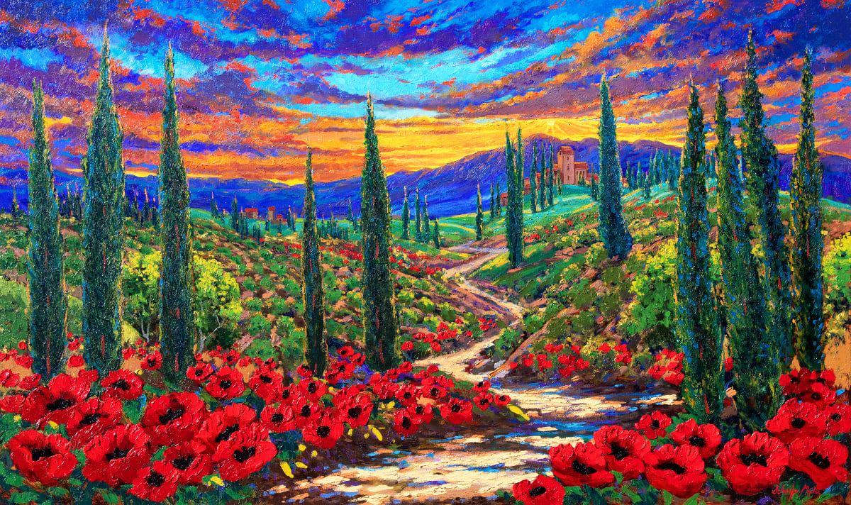 Sunset Glow over Tuscany  Image: "Sunset Glow over Tuscany" Original Oil Painting 36" x 60" 
A romantic vision of Tuscany. Lush poppies line a trail through the vineyards and olive trees that remind us of the ongoing adventures in life. Our trip was brief, and we dream of returning to the landscapes that influenced the history of art. 
Fill your home with the glowing summer sunset of the Italian countryside.
Blessings from our family to yours… Wendy & Kevin
Inquire about a unique one-of-a-kind painting to fit your space based on dreams of Tuscany. 


Custom framing is available to suit your décor.
Commissioned originals and fine art prints are available for this theme please email us for more information.
