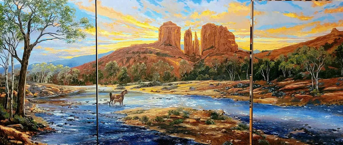 Sunset Redrock Crossing by Schaefer/Miles Fine Art Inc. Kevin D. Miles & Wendy Sue Schaefer-Miles  Image: Sunset Red Rock Crossing - triptych