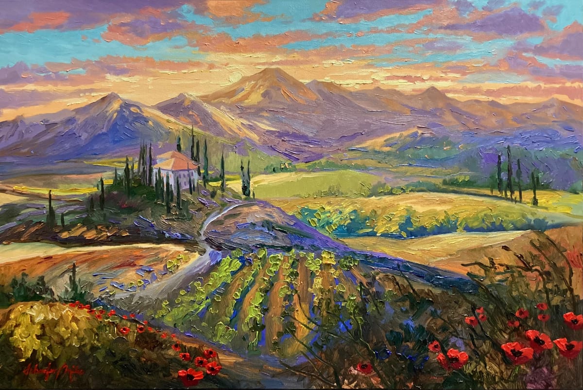 "Tuscan Tapestry" Original Oil 24" x 36" by Schaefer/Miles Fine Art Inc. Kevin D. Miles & Wendy Sue Schaefer-Miles  Image: "Tuscan Tapestry" Original Oil 24" x 36" A rich and textured landscape woven with poppies,
vineyards, and ancient cypresses.
