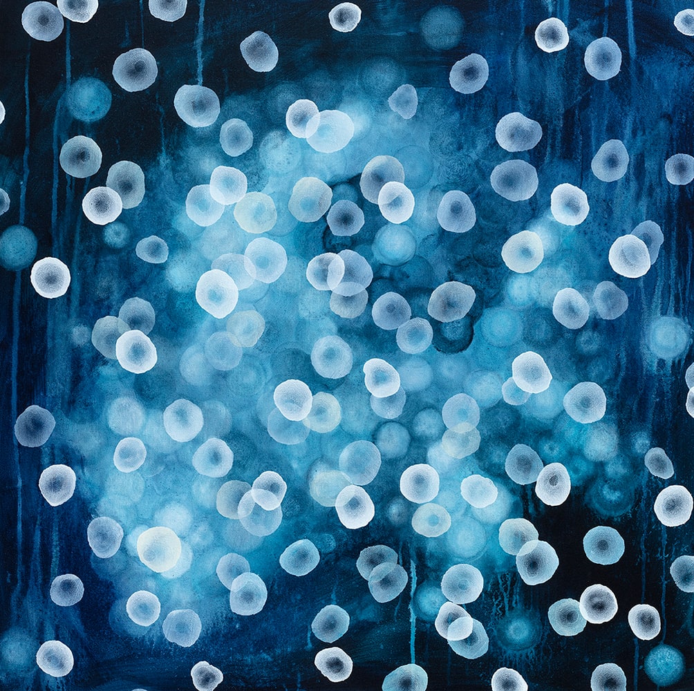 Aqueous Bloom Bioluminescence I by Jacquelyn Stephens  Image: Aqueous Bloom Bioluminescence I, Acrylic Polymer Paint on Canvas, 76cm x 76cm,
Framed in Natural Oak 79cm x 79cm
