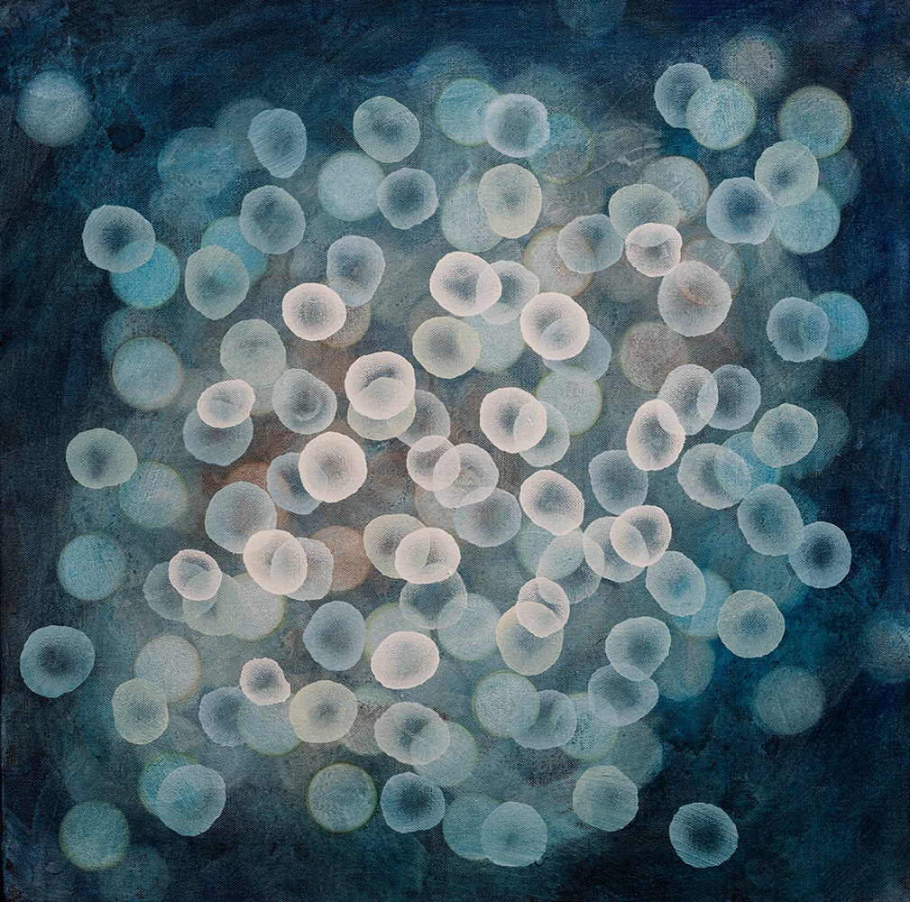 Bioluminescent Bloom Dance by Jacquelyn Stephens  Image: Bioluminescent Bloom Dance, Acrylic Polymer Paint on Canvas, 61cm x 61cm
Framed in Natural Oak 64cm x 64cm
