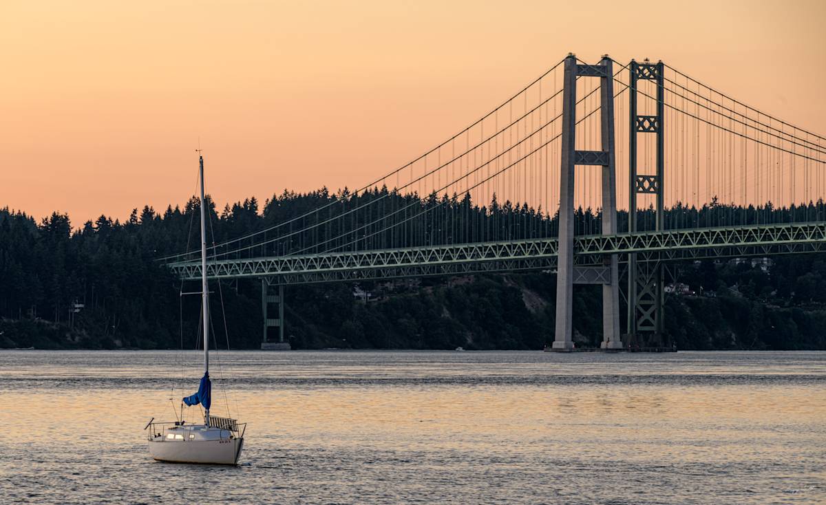 Sunset Sail Boat & Narrows Bridges #8500086 by Gregory Scott Studio, Image 1.