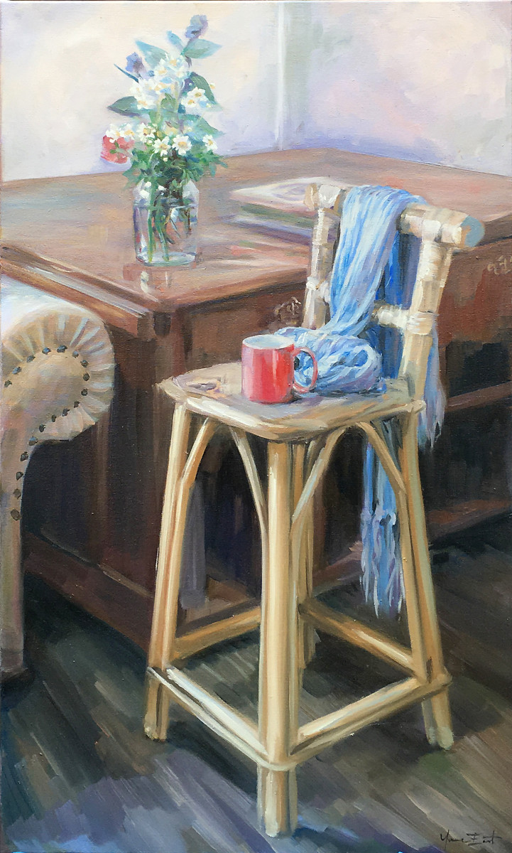 Study of studio with blue scarf and flowers by Yvonne East 