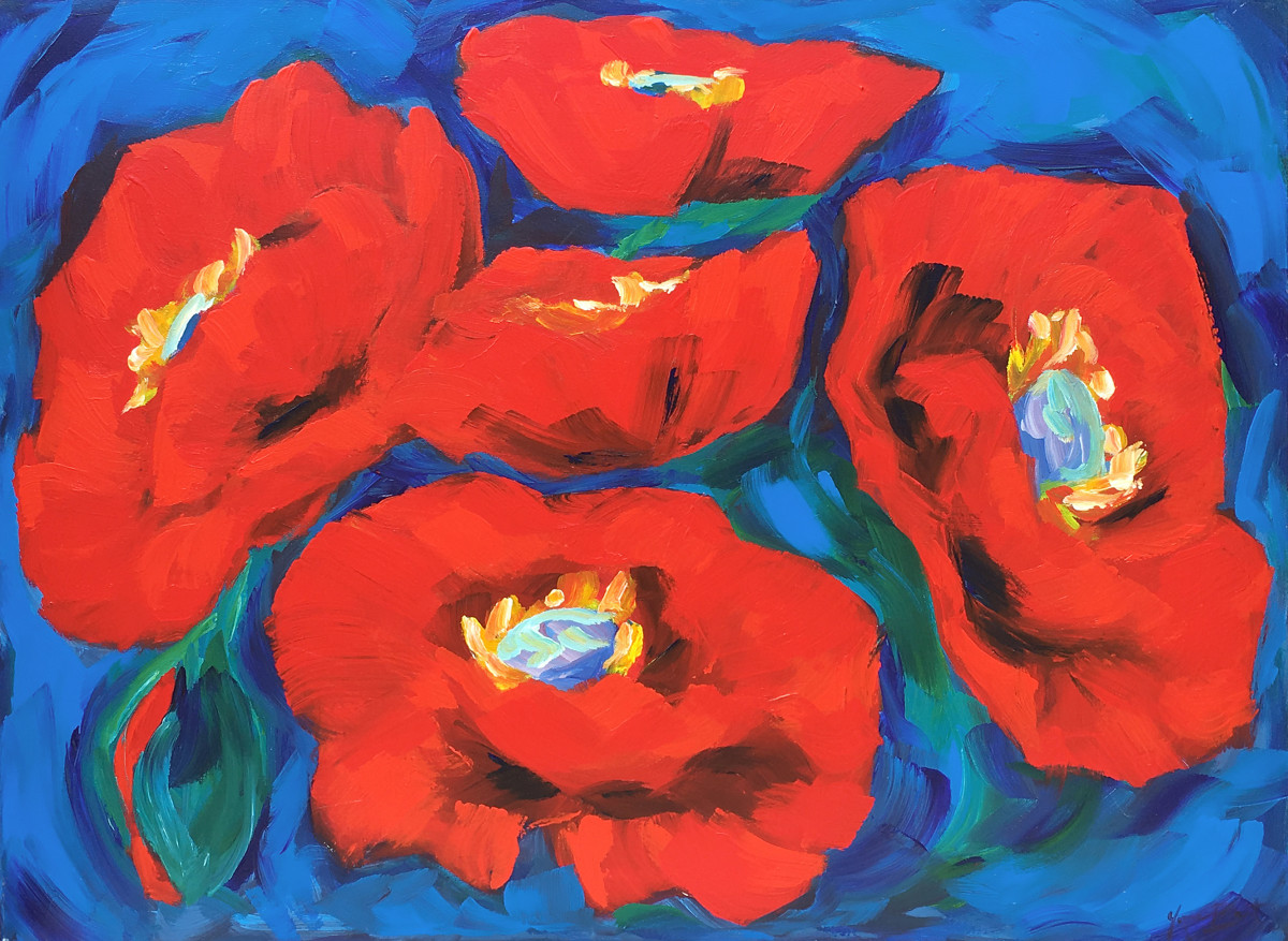 Poppies (vermillion and ultramarine study) by Yvonne East 