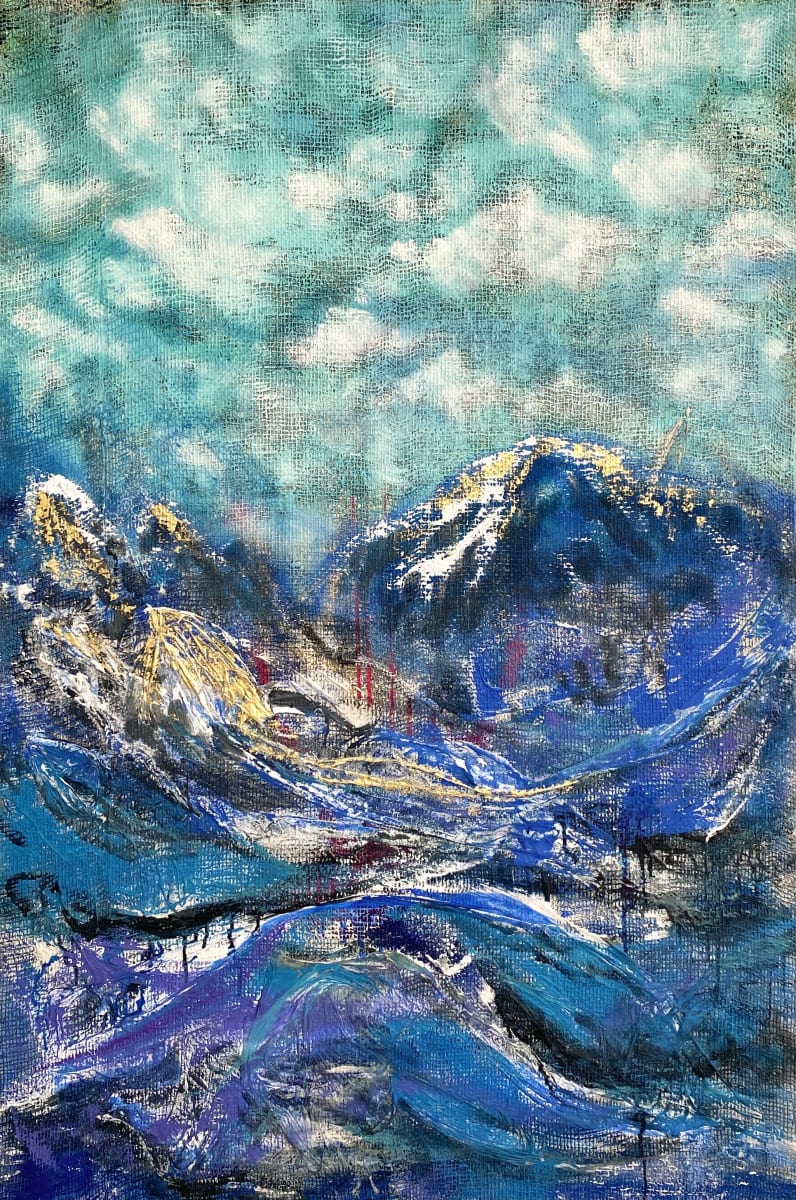 Blueside of the Mountains by Viktoria Koestler  Image: Through gestural brushstrokes and meticulously detailed lines, the viewer is led into the cavernous valleys of a mountain range. Enveloped in deep cooling blues of a stormy scene, jagged peaks emerge, enhanced by the glittery 24-karat gold and genuine silver embellishments. The scene becomes obscured. A textured netting covers the work. The layers of acrylics and oils are placed upon recycled fabrics that transform this landscape of mountain and earth with a new sense of texture and dynamism.