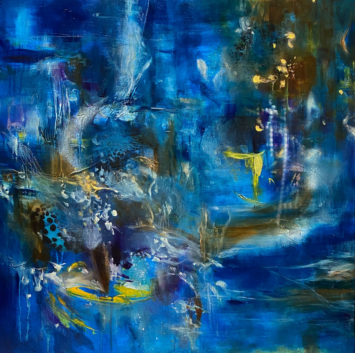 Secret Waterscape by Viktoria A Koestler  Image: There is a subterranean mystery looming beneath the water. We are submerged into the rich blue depths of “Secret Waterscape,” but we can sense that we are not alone. The water curls and bends as slivers of yellow emerge, suggesting there is a creature below, guarding what has been hidden. After this work is placed in a room, we will be among the selected few to know this exclusive secret.