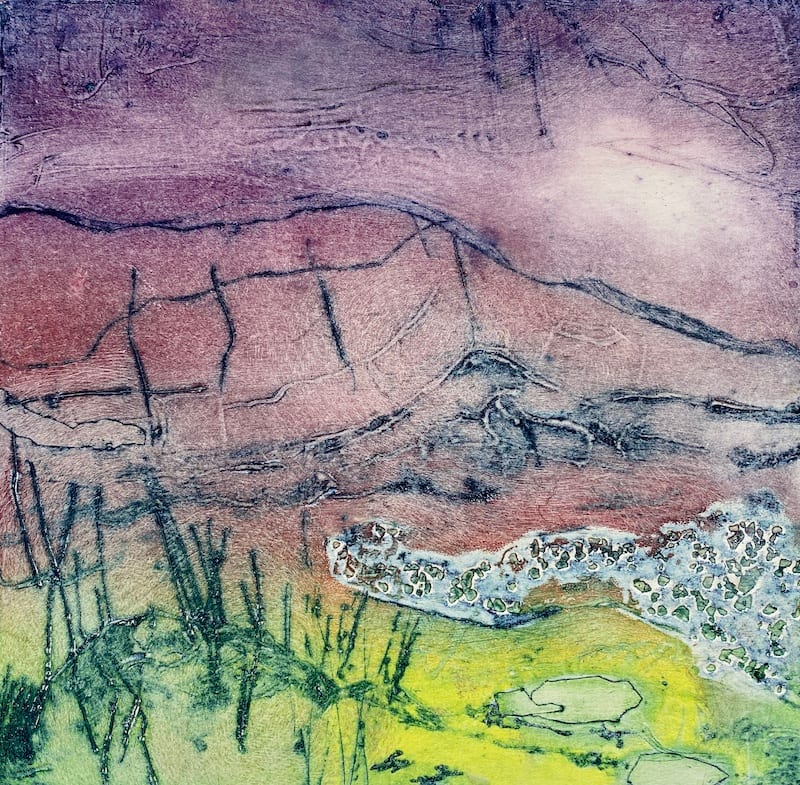 Solitary Peace  OEV1 by Victoria Johns Art  Image: Collagraph Original Hand Pulled Print (Open Edition Varied).  Abstract Landscape. Framed in Wood.