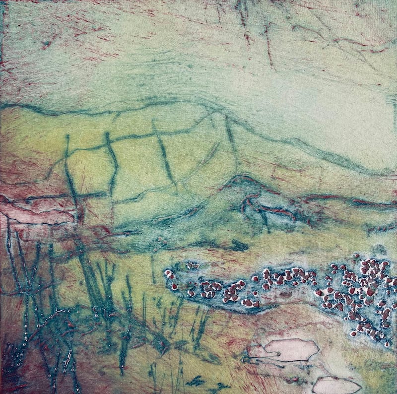 Solitary Peace  OEV2 by Victoria Johns Art  Image: Collagraph Original Hand Pulled Print (Open Edition Varied).  Abstract Landscape. Framed in Wood.
