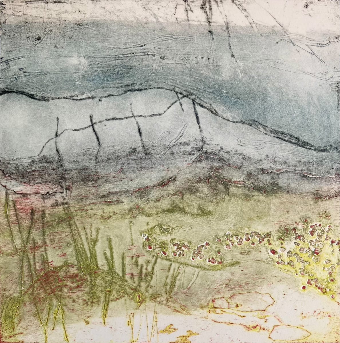 Solitary Peace  OEV4 by Victoria Johns Art  Image: Collagraph Original Hand Pulled Print (Open Edition Varied).  Abstract Landscape. Framed in Wood.