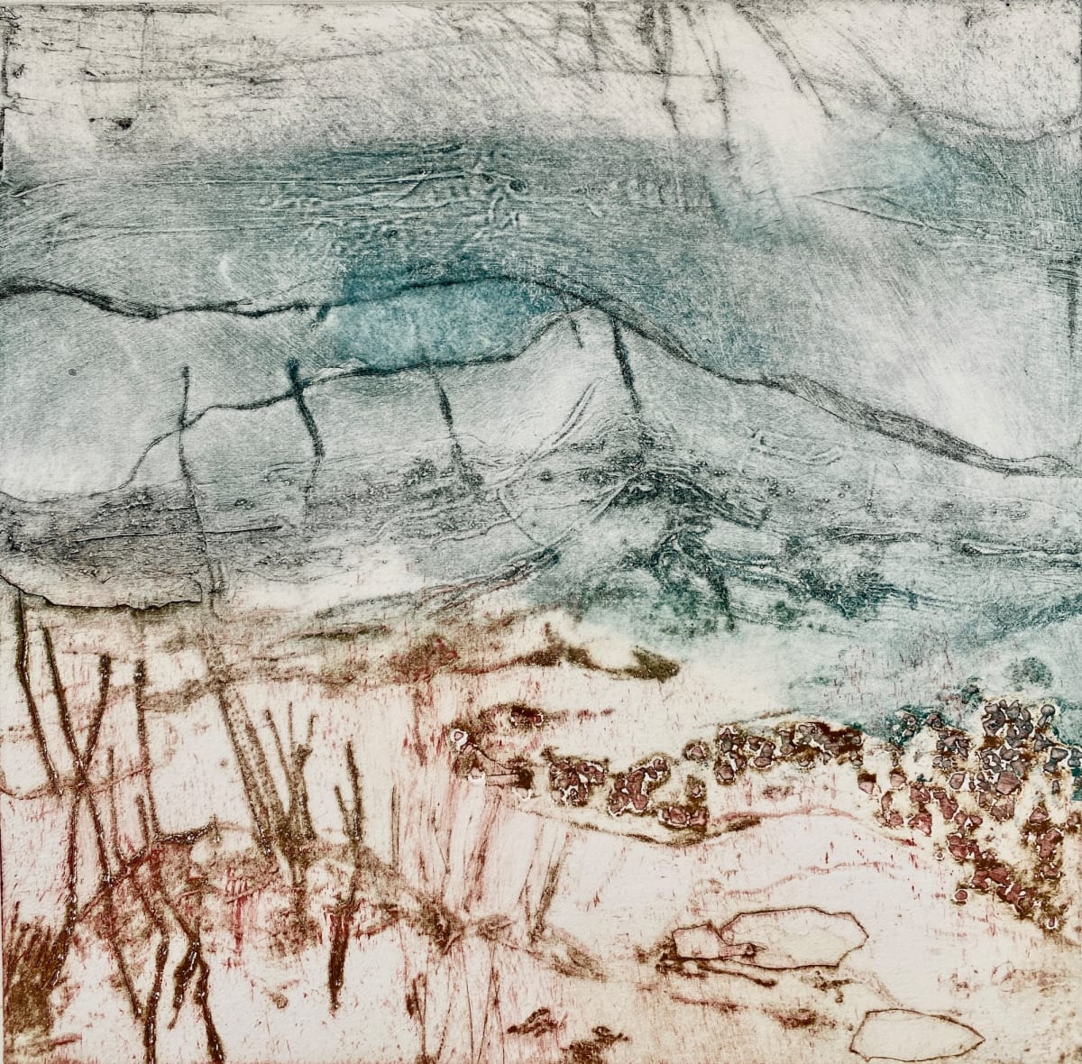 Solitary Peace  OEV5 by Victoria Johns Art  Image: Collagraph Original Hand Pulled Print (Open Edition Varied).  Abstract Landscape. Framed in Wood.