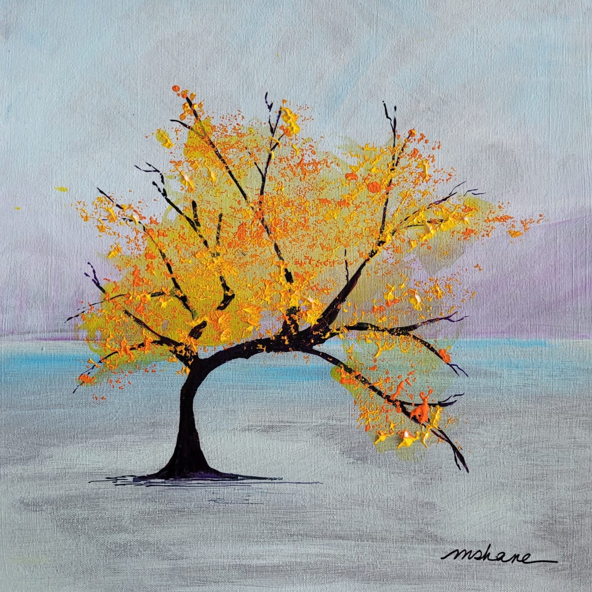 Autumn Dawn by M Shane  Image: Layers of glaze to create a soft backdrop to this autumn tree