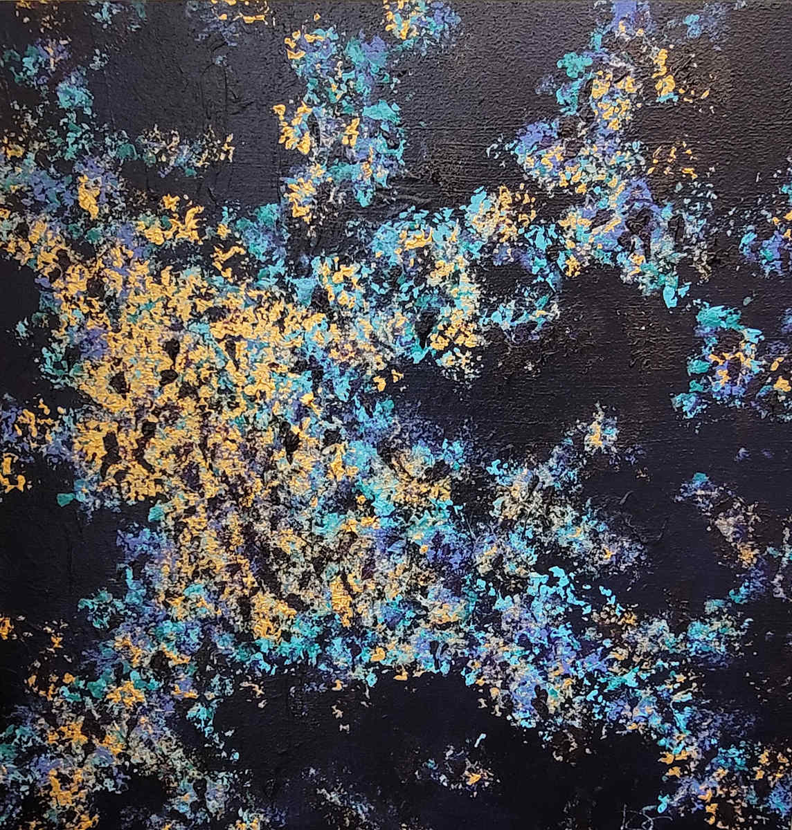 Abstract #53 by K Coleman  Image: Deep blue with shades of gold and turquoise accents swirl in quiet movement.