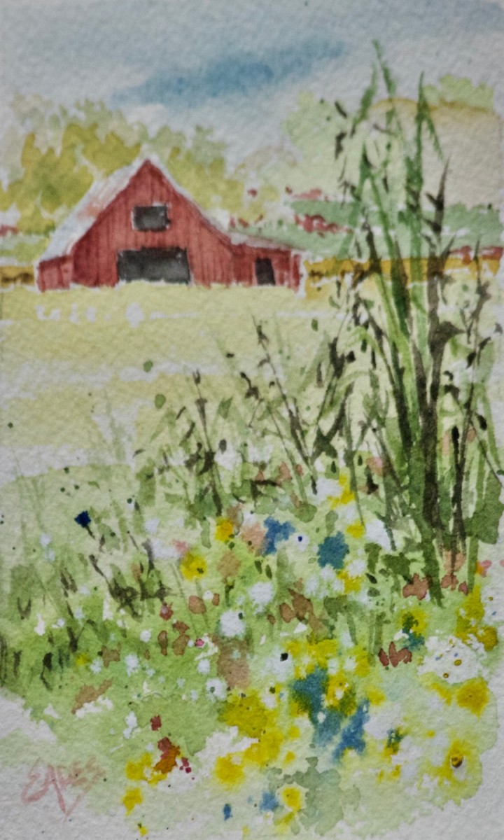 Red Barn and Wildflowers by Linda Eades Blackburn 