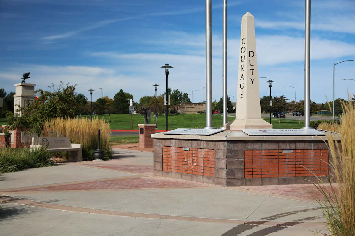 Thornton Veterans Memorial  Image: Memorial obelisk with surrounding memorial benches.