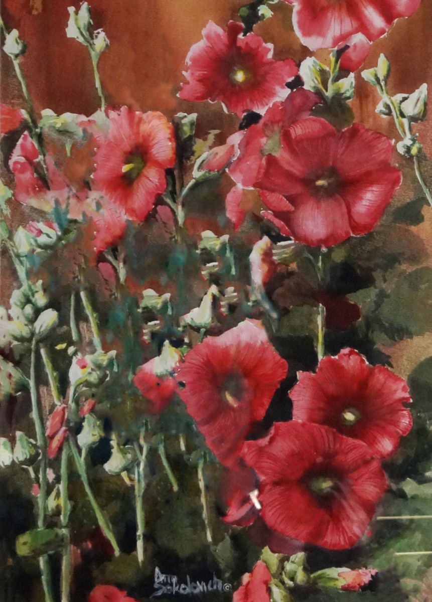 Hollyhocks Along the Fence by Ann Sokolovich, Image 1.