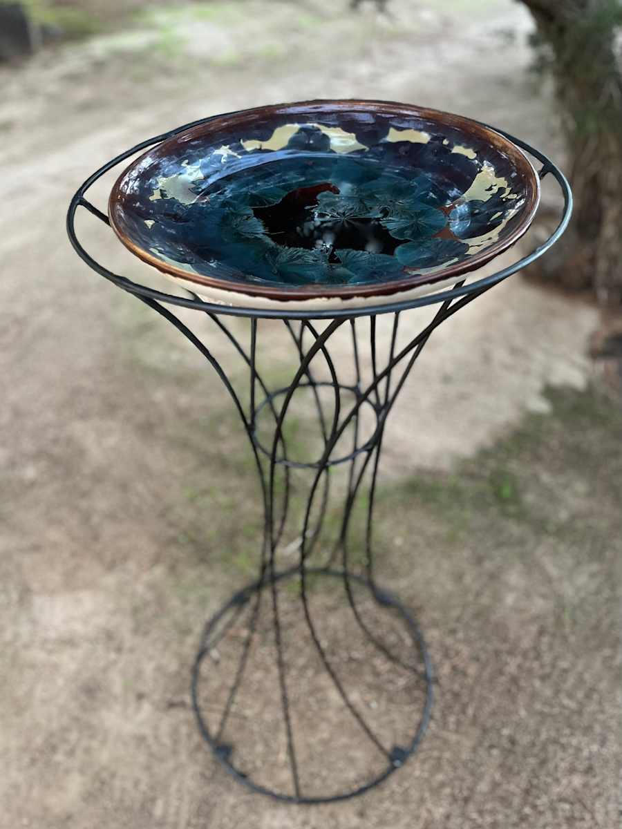 Yellow with Blue Crystals Birdbath by Nichole Vikdal, Image 1.