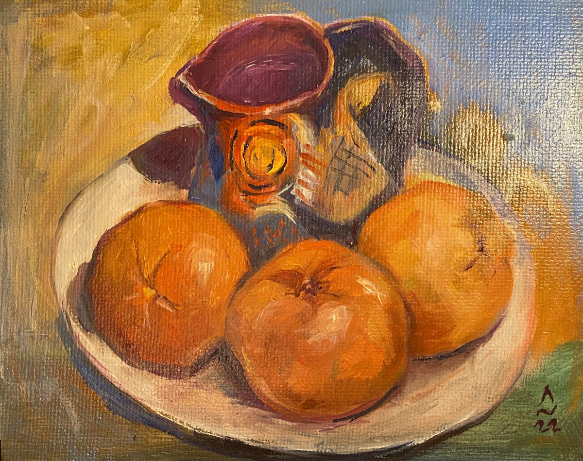 Still life with pot and three oranges by Siméon Artamonov 
