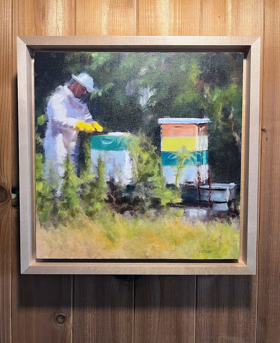 Keeper of the Bees by Robert Patrick Coombs  Image: "Keeping the Bees" is now available. The painting comes framed in a solid maple floater frame. The image size is 10"x10" and the frame outer dimensions are 11.5"Lx11.5"Wx2"D. The painting is based on photos I had taken at Kerber's Farm in Huntington NY back in August. A hot day with sleepy bees was a good time for the Bee Keeper to check frames!