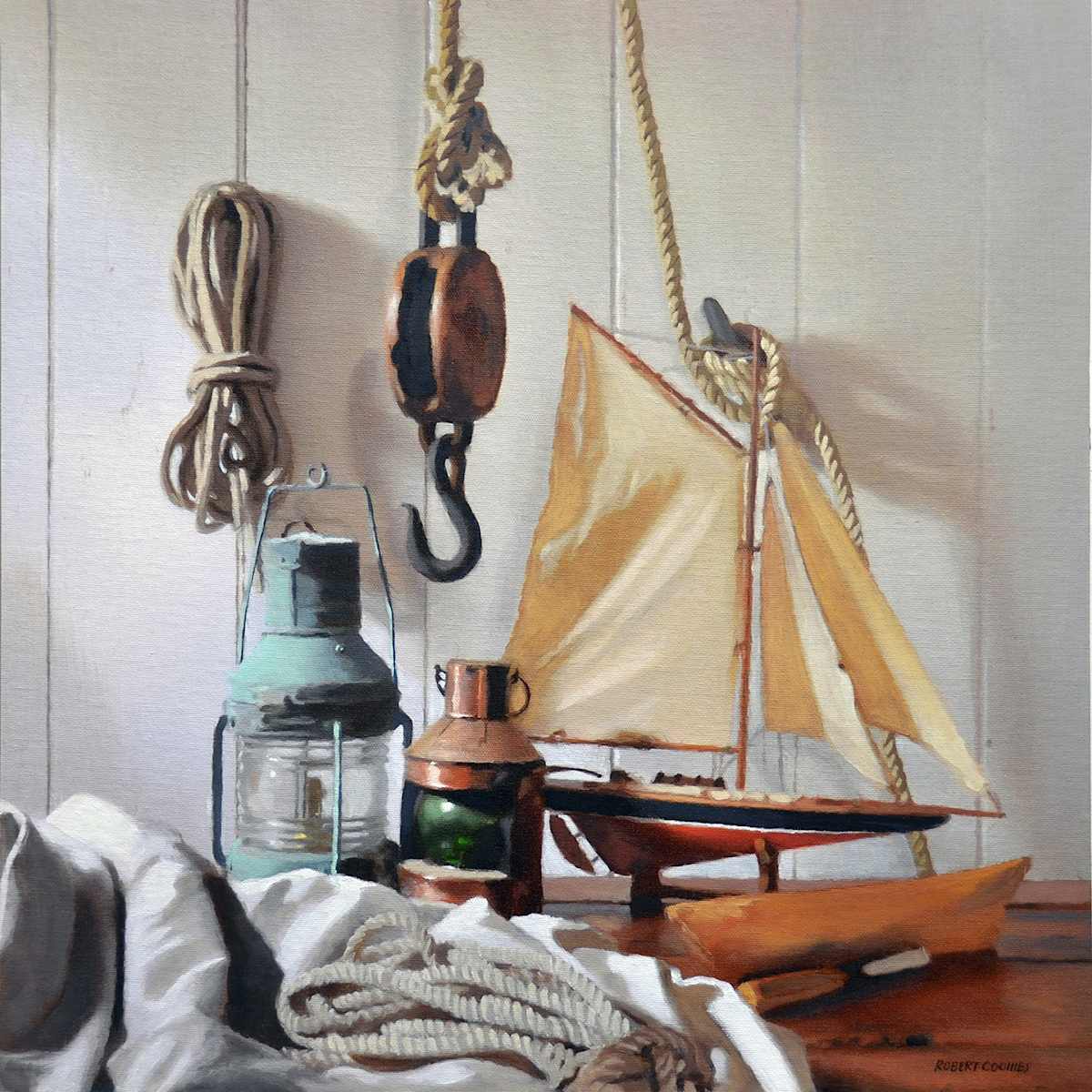 Rams Island Boathouse by Robert Patrick Coombs  Image: This nostalgic still life of nautical items in an old boathouse takes us back to days past of New England's rich maritime heritage. This original oil painting is 20"x20" and comes in a hardwood floater frame.