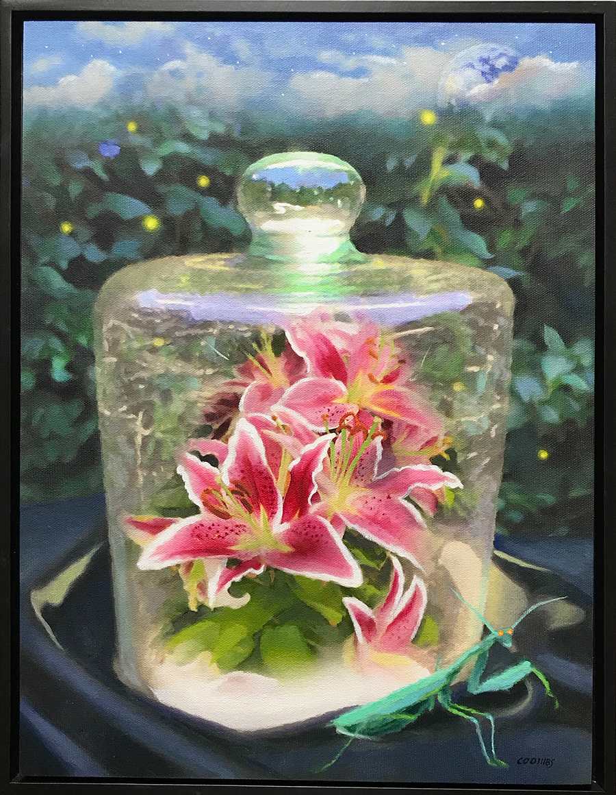 Stargazing by Robert Patrick Coombs  Image: This floral piece has some magical or fantasy aspects... not too hard to spot if you really look for them. Stargazer Lillies are always attention getters, what a great way to cheer up a room! The image size is 12"x16", oil on canvas panel mounted in a black hardwood floater frame.