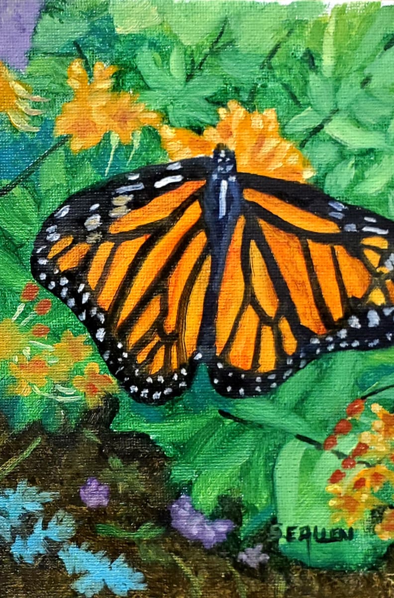 Mimi's Monarch by Sharon Allen  Image: A monarch lunches on a neighbor's flowers