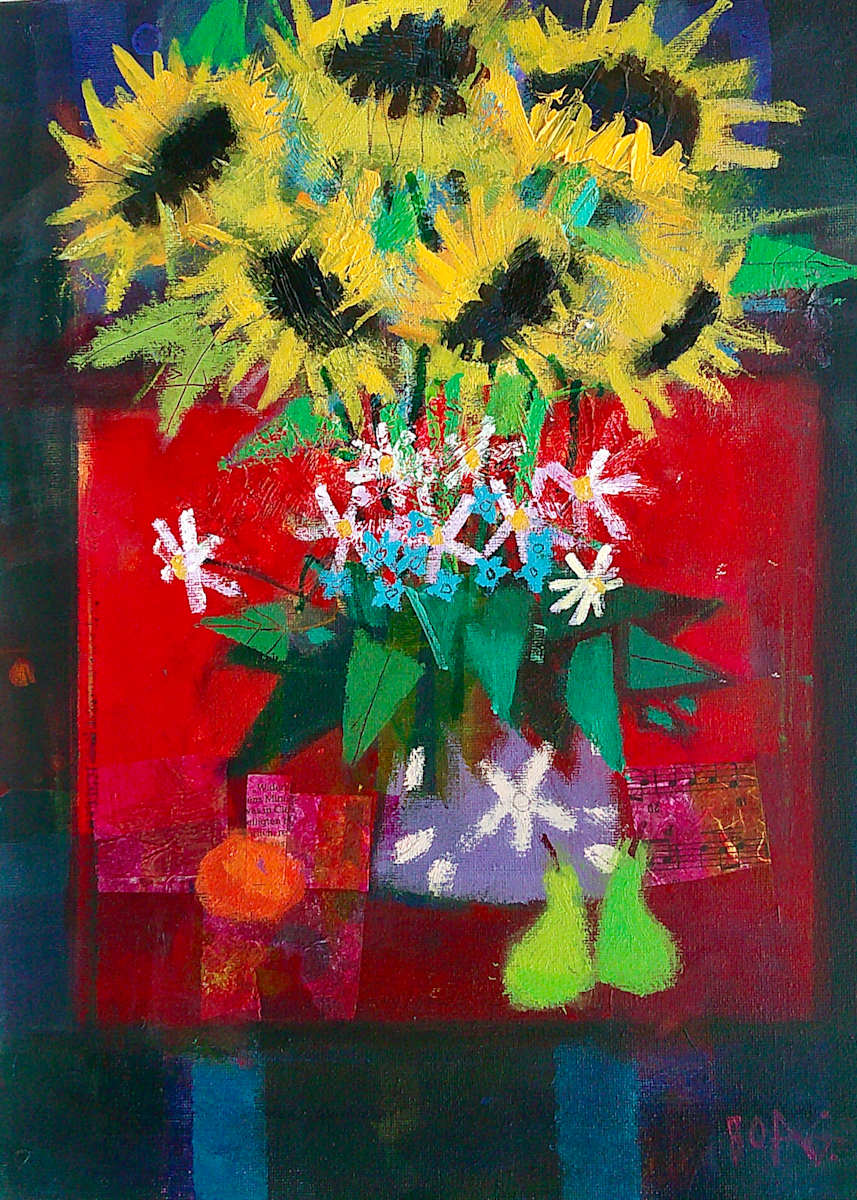 Sunflowers on red table by francis boag 