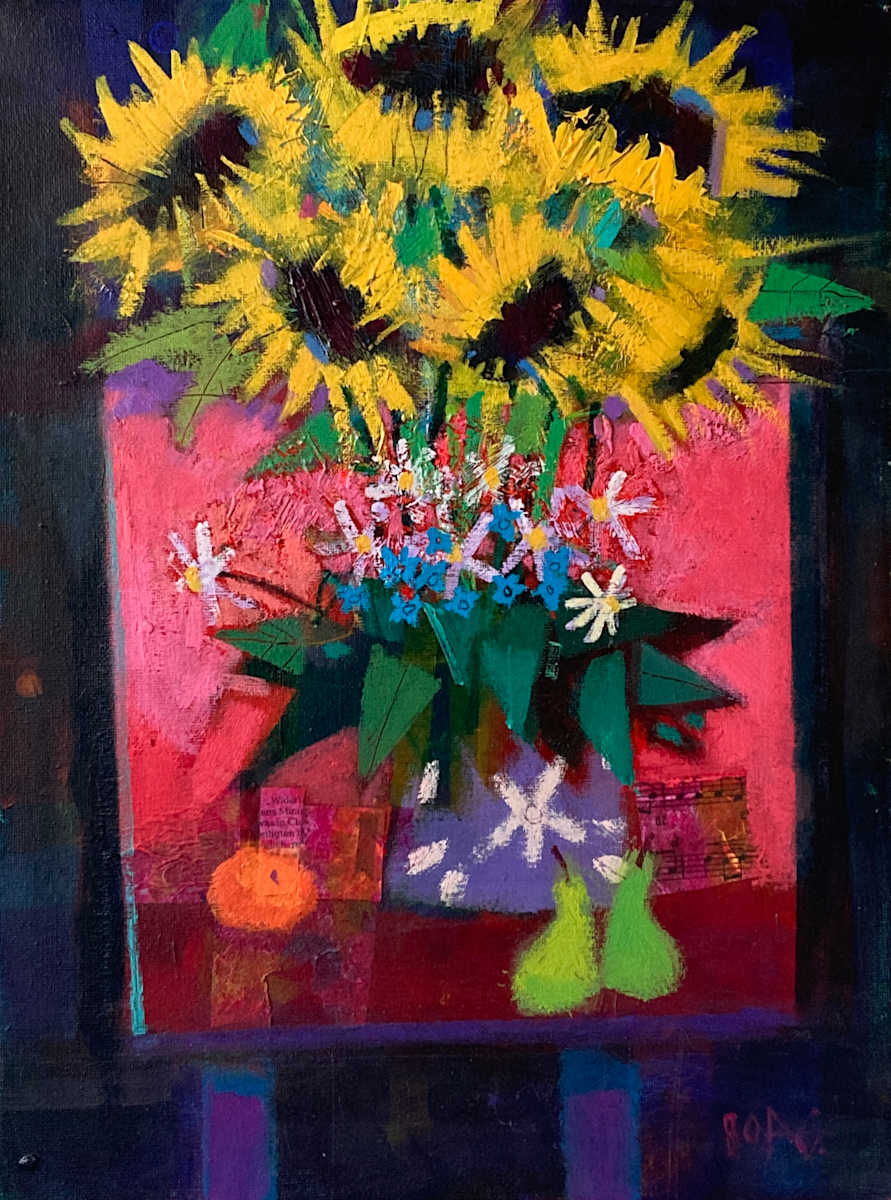 Sunflowers on pink table by francis boag 