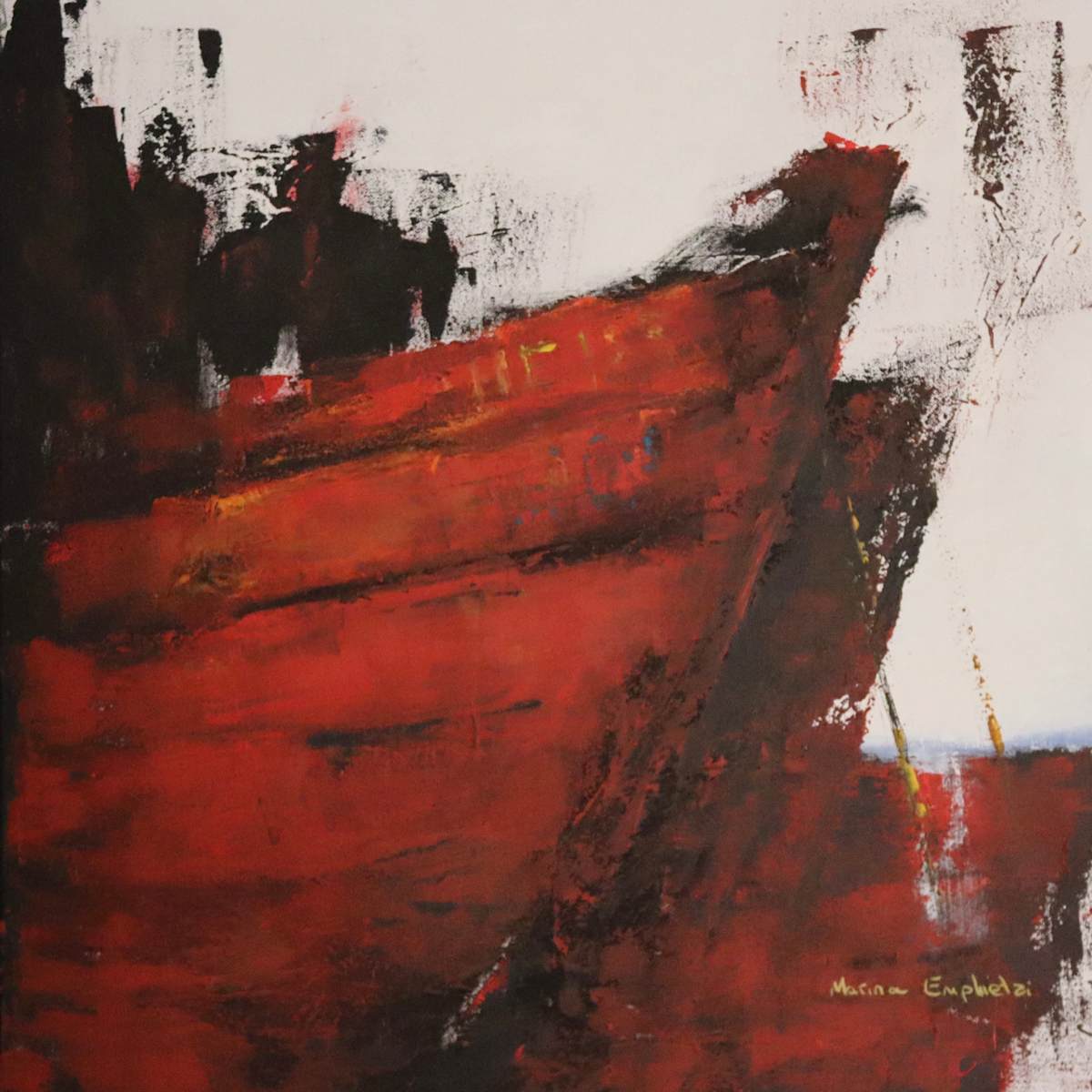 'Anchored' by Marina Emphietzi  Image: With playful textures and a distinct approach, this artwork brings to surface lost memories of being near water; the sound of rumbling waves, the feeling of a warm breeze across skin. A metaphor of the transient human experience, it suggests we flow through the journey of life, ever-changing and free.