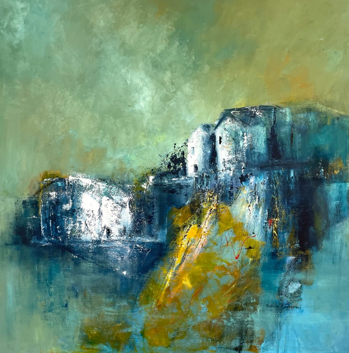 'Cliff Views’ by Marina Emphietzi  Image: Marina is well known for her evocative seascape paintings.
Her works depict strong emotions and intense energy while also telling a story. They serve as a metaphor for our passing through life and living in a world where materialism and technology are dominant; they convey feelings of memory, time, happiness, sorrow, and even "nostos" (the Greek word for "homecoming").
Her paintings, created with vigour, have playful textures and a modern art style. 

They bring up faded memories of being near water, the sound of rumbling waves, and the sensation of a warm breeze across skin. Her artworks, a metaphor for the transient human experience, suggest that we flow through life, ever-changing.
Marina wants her art to relate to our human desire to hold onto our memories across time.
