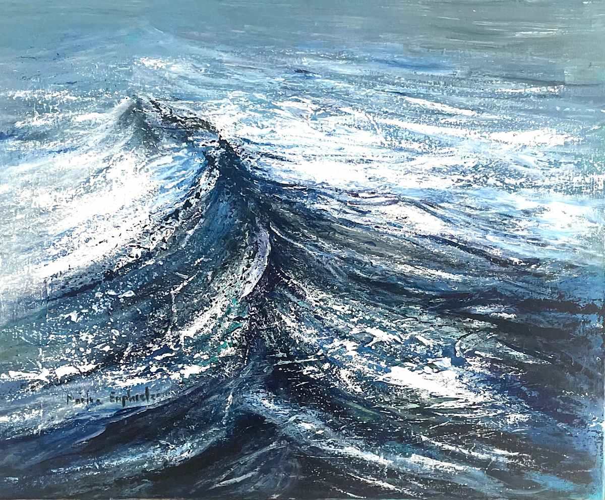 'Dual Reflections' by Marina Emphietzi  Image: Layers of sea and sky blur into memory, as if the waves themselves are keeping secrets—what’s left behind is not just sand and salt, but traces of time, emotion, and quiet resilience.

