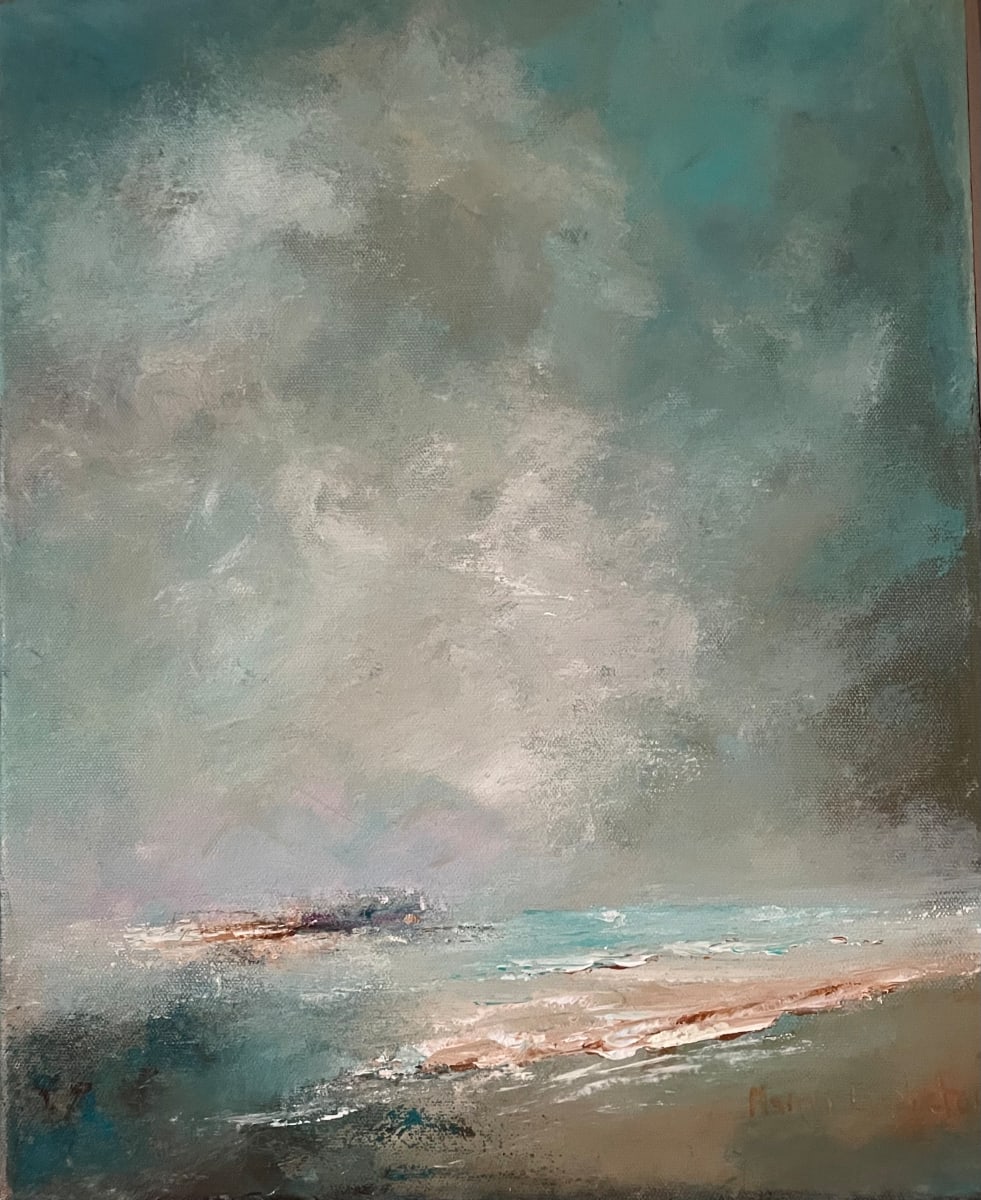Winter Seas by Marina Emphietzi  Image: Capturing the raw untamed beauty of the ocean during the winter months and through its layered textures and moody tones, the artwork evokes a sense of isolation, strength, and the cyclical nature of time. 