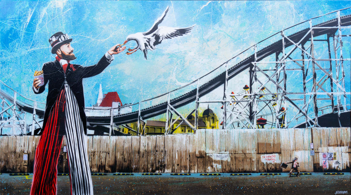 Do Not Feed The Seagulls by Geoff Cunningham  Image: A Steampunk hipster on stilts feeding chips to a seagull - classic day at the beach really! 
Everyone has seen the cliched front entrance to Melbourne's iconic Luna Park a hundred times, but I was fascinated by the grungy corrugated fence and the carpark! This is my take on some classic St.Kilda landmarks- Feel free to look closely as there is a lot of hidden bread crumbs to find in this one. Feel free to look closely as there is a lot of hidden bread crumbs to find in this one.