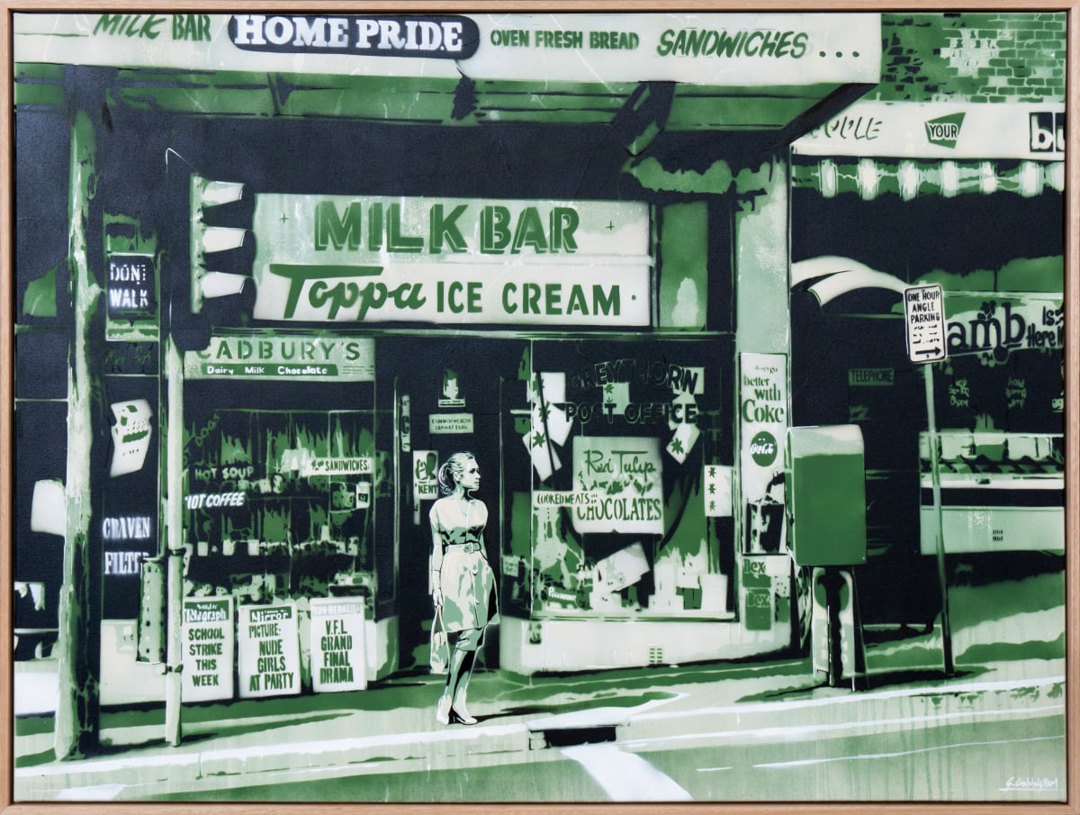 Look Both Ways by Geoff Cunningham  Image: This painting is my local shopping strip - except the photo was taken in 1968 (image courtesy of the National Archives). I have lived in this area of Melbourne for 23 years so I couldn't help but want to paint this image. I love how the local milk bar used to cater for just about everything from chocolates to cigarettes and everything in between. I still feel the local shopping strip is vital to communities but sadly they are slowly dying due to big shopping centres and online shopping.