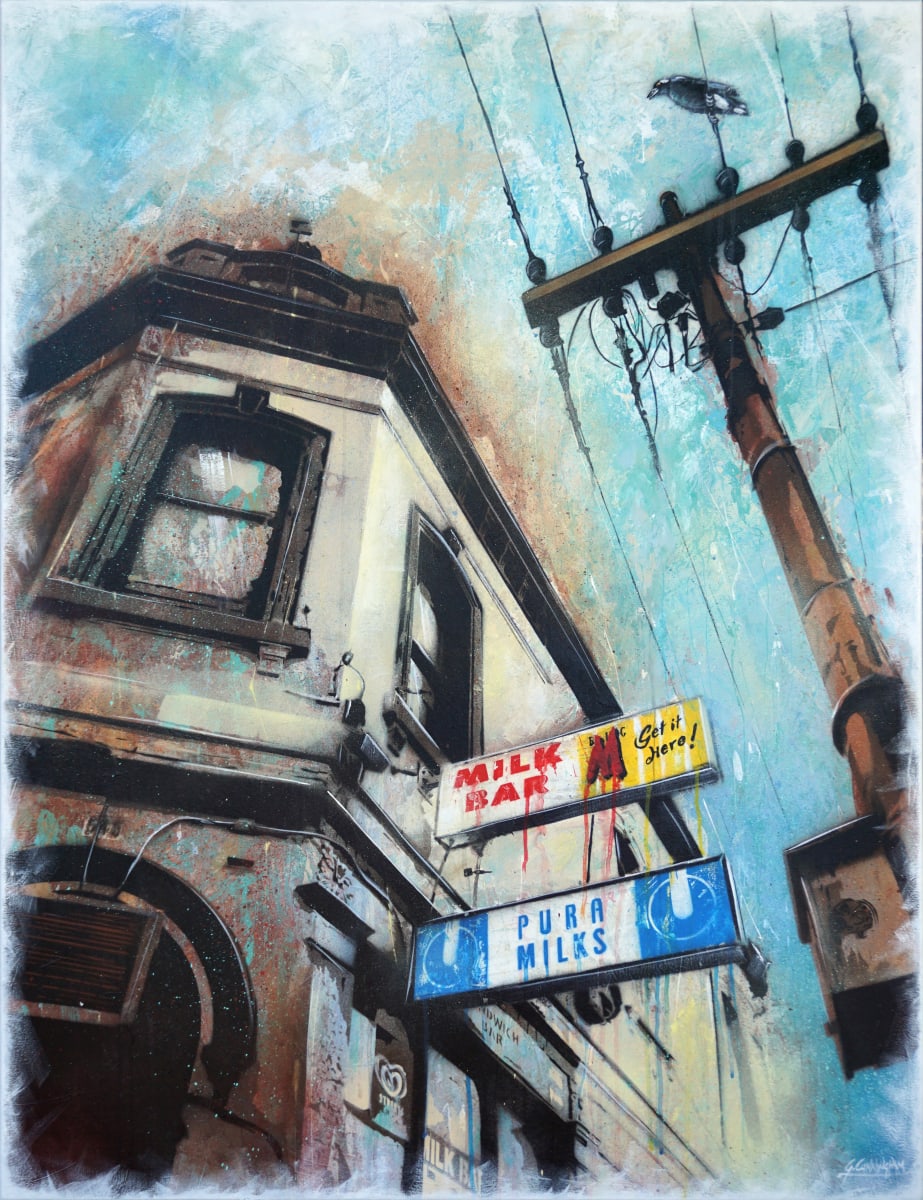 Milkbar Memories by Geoff Cunningham  Image: This is a painting of a childhood memory. The corner milkbar was always a meeting place and of course the home of the 20 cent mixed lolly bag! Like a distant memory, I have disintegrated and blurred the elements, maybe as an acknowledgment that memories don’t always match the reality. 

