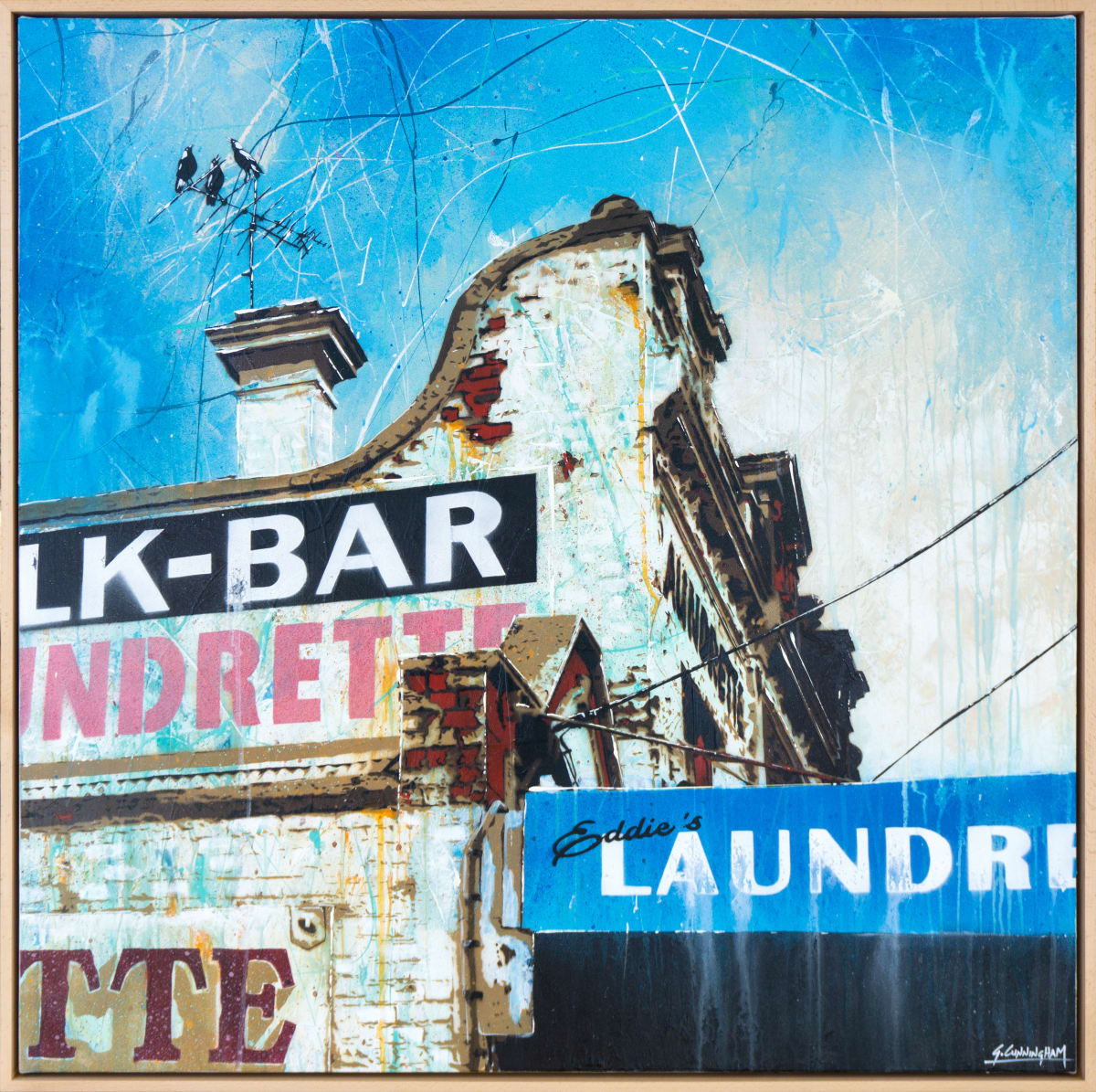 Eddies Laundry #3 by Geoff Cunningham  Image: When I first cut this stencil, the working title was 'Modern Decay', though I have never used it on any of the previous iterations. Maybe it was the dripping sky and particularly dilapidated building in this version which seemed to me to be symbolic of our society's rapid decline into to ruin (wow that got heavy!).
This is a typical street scene that could be found in any town in Australia. When I took the original photo, I loved the repetition of the signage, leaving you in no doubt that this is indeed a laundrette! 