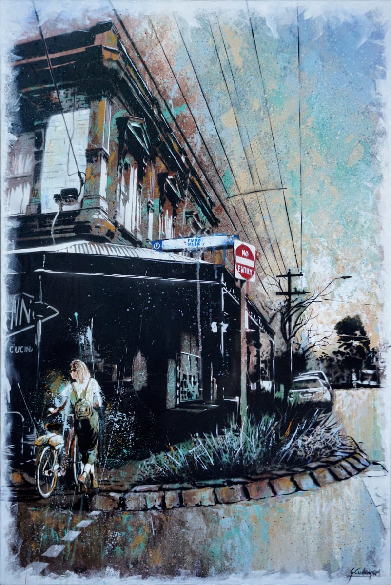 Scotchmer Street by Geoff Cunningham  Image: This is a scene based on a photo I took in Scotchmer Street in Fitzroy North, Melbourne. I love the bohemian feel of this suburb - there is often something unexpected if you take the time to stop and look.
What I have always loved about stencil artwork is that the detail is not always needed, as the human brain automatically fills in the gaps, therefore engaging the viewer in the painting without realising it. In this series, I have “feathered” the edges of the paintings, like you’re remembering the scene from a dream or memory.