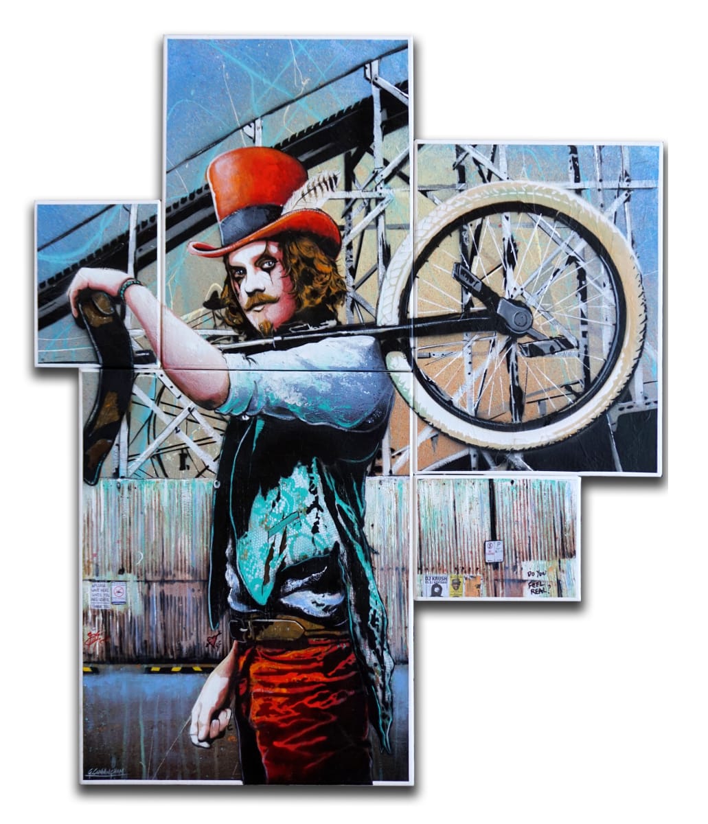 The Busker by Geoff Cunningham  Image: Another variation on my Luna Park series. The life of a street performer can be exciting but unpredictable - here the busker is challenging the viewer not to judge his way of life, but to embrace the fact that there have always been many different types of personalities that make our cities such an interesting place to live.
I have created this piece by joining different size canvases together - these canvases represent the pigeon holes we like to place people in. But here the Busker is proudly standing in front of them all, refusing to be put in placed in a box.