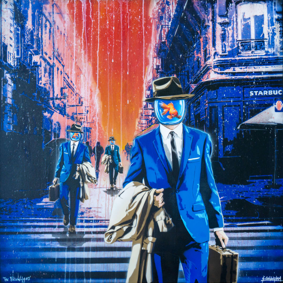 The Following  #2 by Geoff Cunningham  Image: 'The Following' is my reaction to the world of big business, whose relentless quest for profits has mankind on the edge of a precipice. To me, goldfish are symbolic of lives spent in blissful ignorance- not worried about the past, and certainly not thinking about the future. Here, the fishbowl heads of the businessmen represent the latter but also symbolise the general population who subconsciously consume whatever is fed to them, both literally and figuratively.