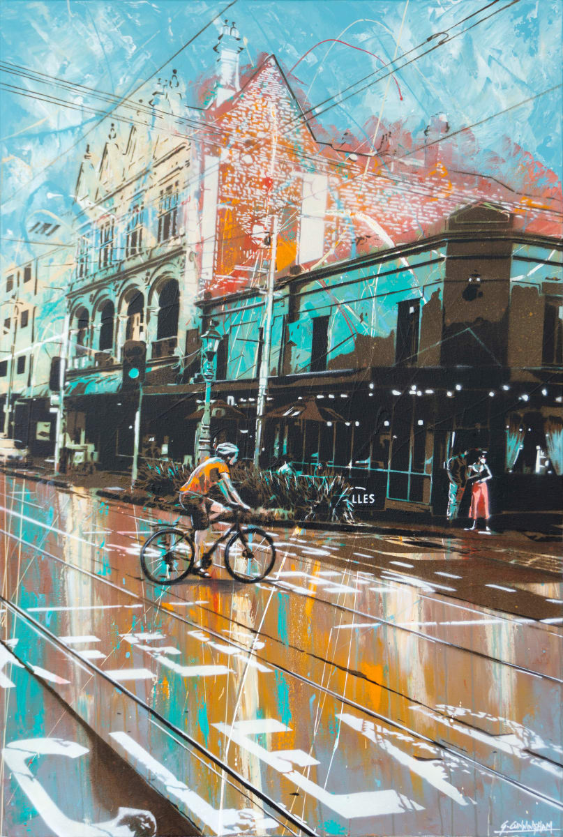 The Milk Run by Geoff Cunningham  Image: This is a scene based on a photo I took in Gertrude Street in Fitzroy, Melbourne. I love the bohemian vibe of this suburb - there is often something cool or unexpected if you take the time to stop and look.
As I watched the cyclist crossing the road, I imagined he was on his way to get a litre of milk and perhaps a loaf of bread - a small moment in an ordinary day.
